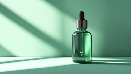 Naklejka premium A stylish green glass dropper bottle casting shadows on a light surface, ideal for showcasing cosmetics or essential oils.
