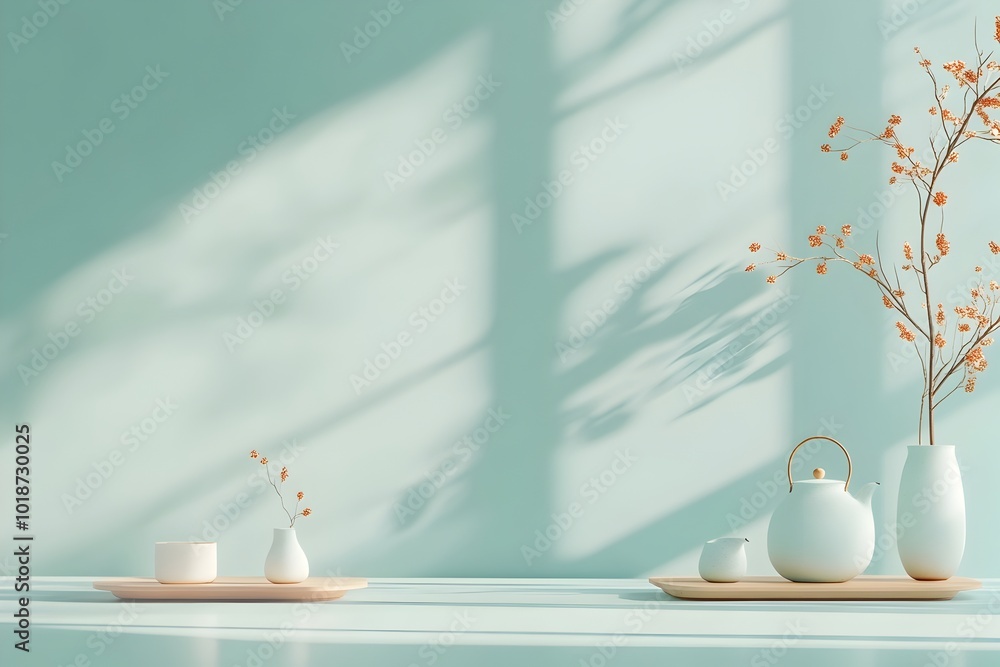 Poster a tranquil 3d studio setting with a subdued teal color scheme an uncluttered floor and a prominent p