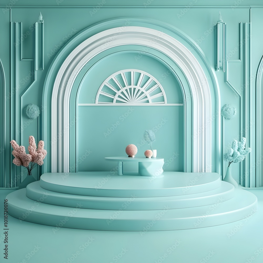 Aufkleber turquoise 3d studio scene with clean empty room setting central product display platform and dynamic