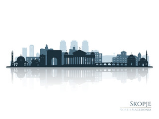 Fototapeta premium Skopje skyline silhouette with reflection. Landscape Skopje, North Macedonia. Vector illustration.