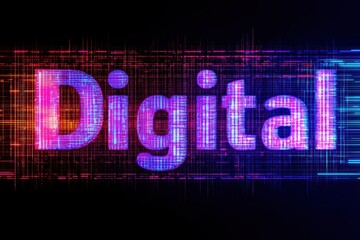 Obraz premium Vibrant digital text with colorful grid design, suitable for modern technology themes on a dark background.