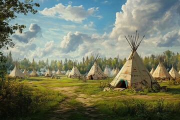 View of an indian native american village with teepee tents