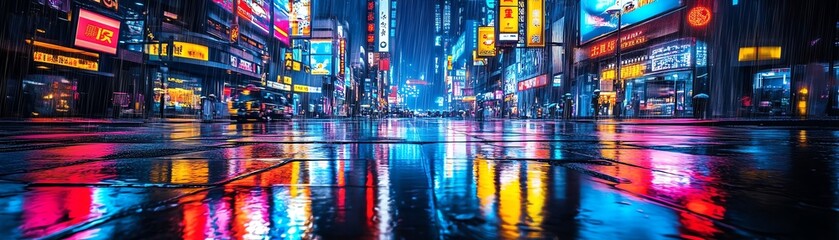 Fototapeta premium Vibrant cityscape with neon lights reflecting on wet pavement, showcasing the energy of urban nightlife.