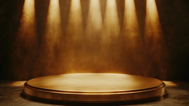 A stage with three spotlights on a wooden floor, ideal for concert or presentation use