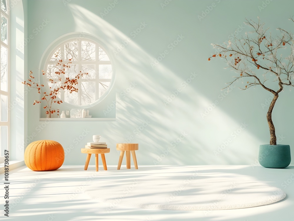 Poster bright and uncluttered 3d studio environment with a centered product pedestal soft window lighting a