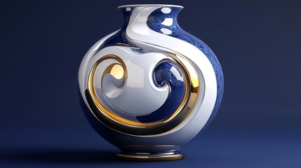 3D rendering of glossy white and gold spheres and glass spheres with white and gold swirls in an elegant vase against a dark background with reflective lighting and a luxurious finish.