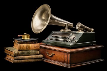 Vintage typewriter, gramophone, and stacked books on dark background, evoking nostalgia and classic literature.