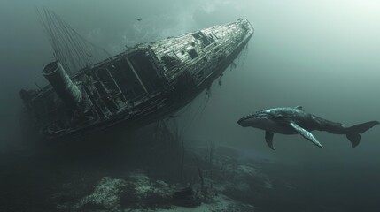 Fototapeta premium Underwater Scene with Shipwreck and Whale