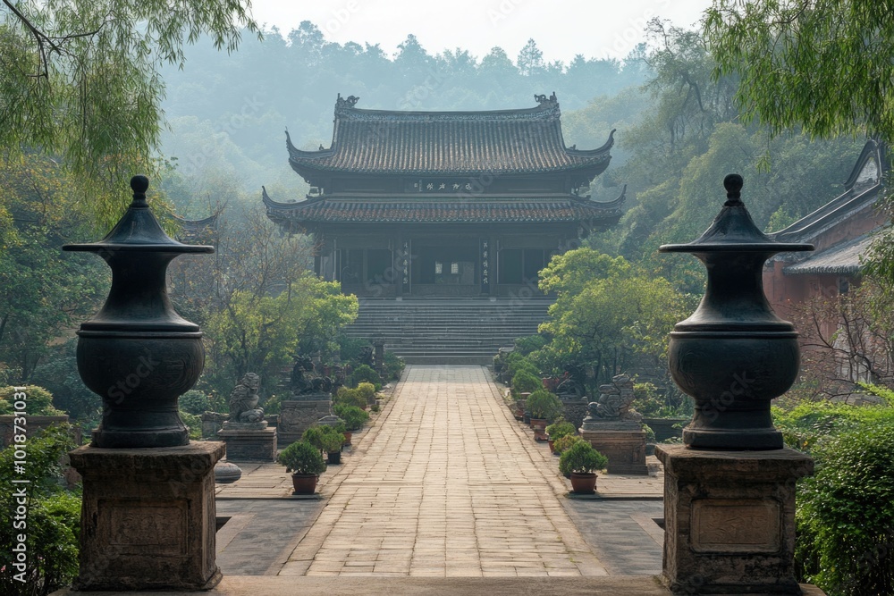 Poster A walkway leads to a building with a pagoda in the background, suitable for use in travel or architecture images