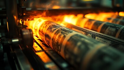 Close-up of banknotes being printed, showcasing the process of currency production with rich colors and intricate details.