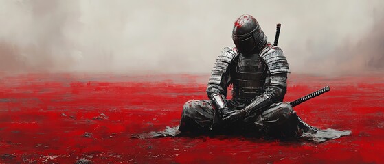 Fototapeta premium A solitary warrior sits on a vibrant red field, embodying themes of battle, reflection, and the weight of history.