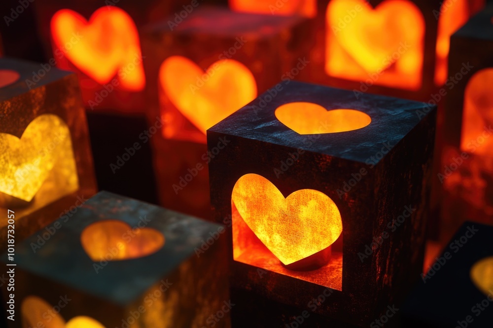 Poster a group of transparent cubes with glowing hearts inside, lit up the dark space