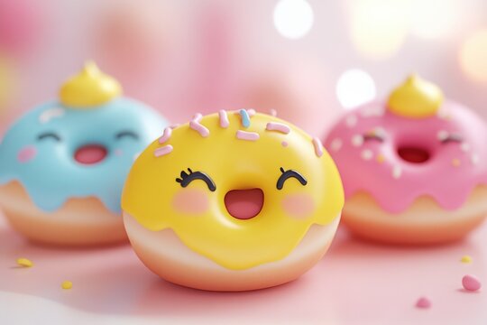 Cute Donut. 3D Render of Adorable Donut in Happy Food Theme