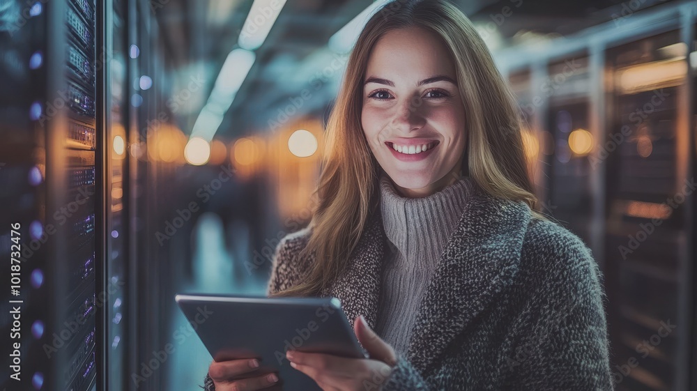 Poster smiling woman using tablet in a data center, illuminated servers in background.