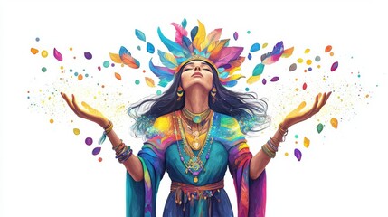 Obraz premium Colorful artistic representation of a woman with open arms, adorned in vibrant attire and surrounded by floating petals on a white background.