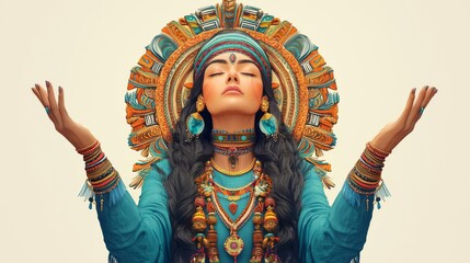 Fototapeta premium A serene woman in traditional attire with arms raised, exuding peace and spirituality against a beige background.