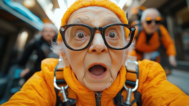 Elderly woman in bright orange outfit makes an excited expression while skydiving indoors with friends