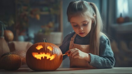 Portrait cute girl carving Halloween pumpkin at table