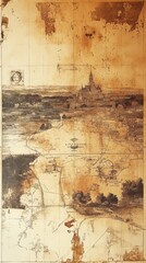 An antique map with a detailed illustration of a historic castle and surrounding landscape,...