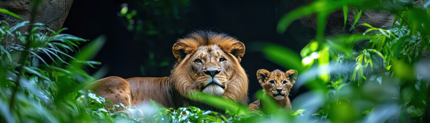 majestic lion and its cub rest peacefully among lush greenery, showcasing beauty of wildlife in their natural habitat. scene evokes sense of tranquility and connection to nature