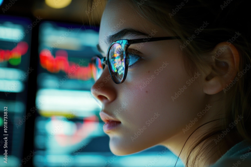 Poster a woman in her daily work routine looking at a computer screen