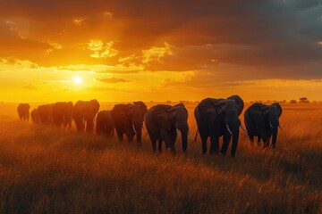 Fototapeta premium majestic herd of elephants traversing the golden savanna at sunset with warm tones illuminating their powerful silhouettes against a stunning natural backdrop