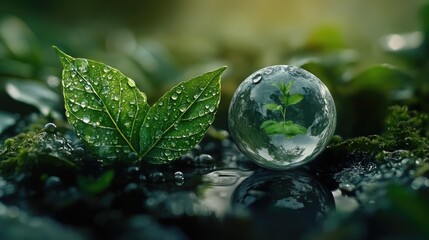 A glass ball sits on top of a leaf-covered ground, perfect for decoration or as a symbol
