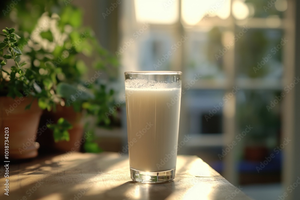 Poster A glass of milk placed on a table with a simple and clean background