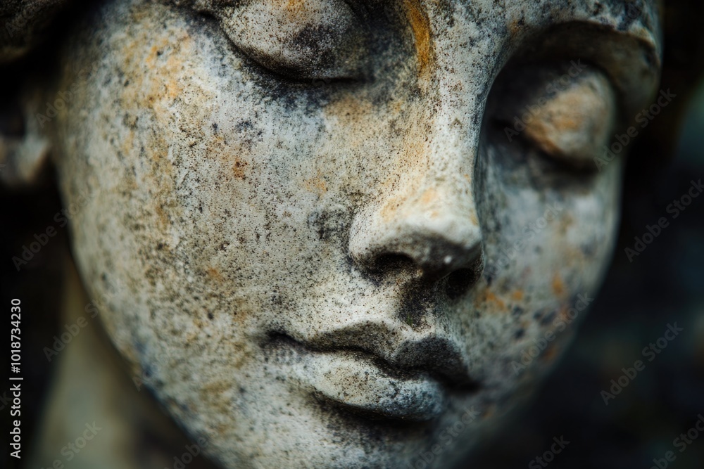 Poster a close-up view of a statue depicting a woman's face, ideal for use in art, architecture or design c
