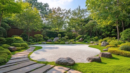 Serene Japanese Garden with White Sand Circle and Stone Path