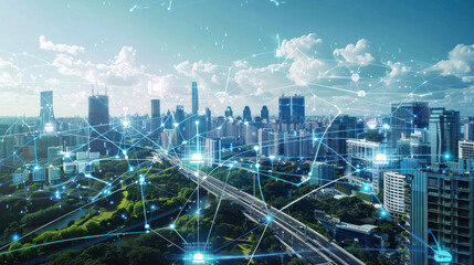 A futuristic city powered by a smart grid managing renewable energy sources like solar, wind, and hydropower in real-time. Clean and high-tech visuals.