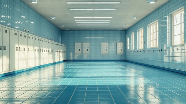 Spacious, blue tiled interior of a changing room with lockers and large windows.