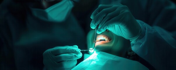 Dental procedure with professional hands and tools in a clinical setting.