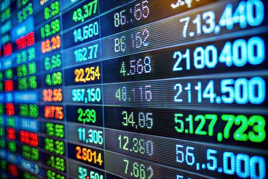 Close-up of stock market data display board with price fluctuations