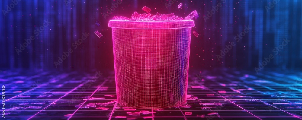 Poster a glowing, digital container surrounded by vibrant particles and a grid pattern, evoking a futuristi