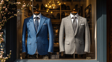 Fototapeta premium Two men´s suits are displayed in a store window
