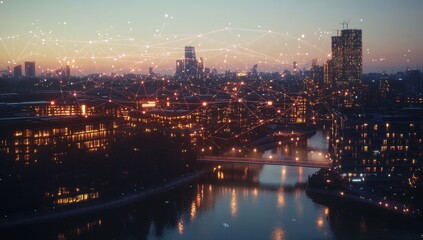 Obraz premium Aerial view of an urban cityscape at night, connected by digital lines symbolizing network connectivity and data transfer between buildings Generative AI