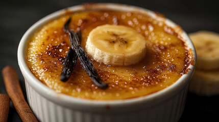 Cr&egrave;me Br&ucirc;l&eacute;e in a ramekin with caramelized sugar, banana slice, vanilla bean on black background