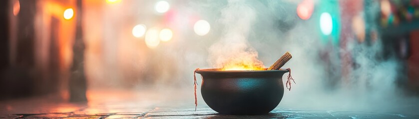 A traditional, steaming cauldron with incense sticks on an atmospheric street, surrounded by colorful bokeh lights, evokes a sense of mystery and culture perfect for themes related to traditions