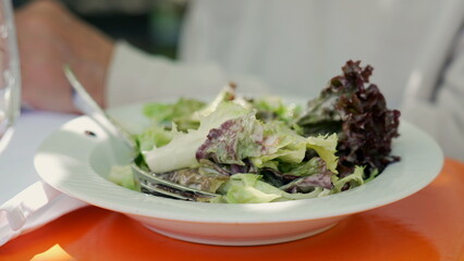 Close-up of a fresh and colorful mixed salad with lettuce leaves on a white plate, held by a person with a fork, ready to eat at an outdoor cafe