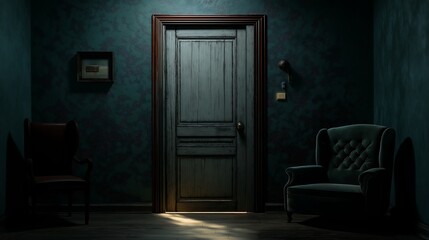 A dark room illuminated only by the light from a cracked door.