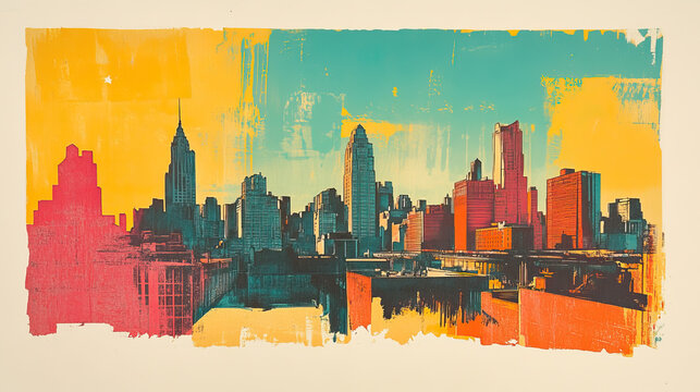 Rochester, New York, color wood block print effect. Woodblock printing. Graphic designed, illustration for travel poster, card, wallpaper, backdrop or banner. Modern, clear, artistic and simple