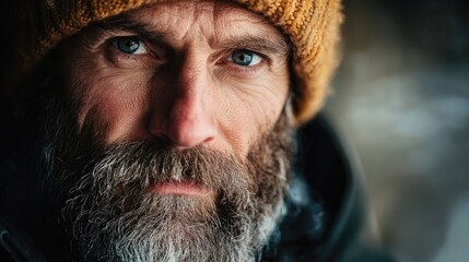 Obraz premium Portrait of a bearded man in a hat, perfect for profiles or editorial use