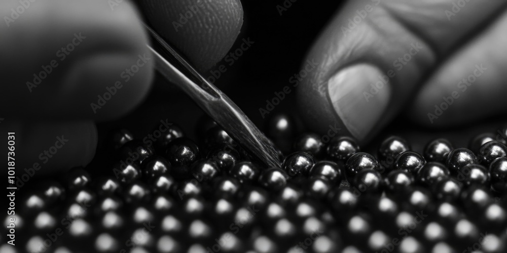 Poster a close-up shot of a person carefully cutting beads with a pair of scissors