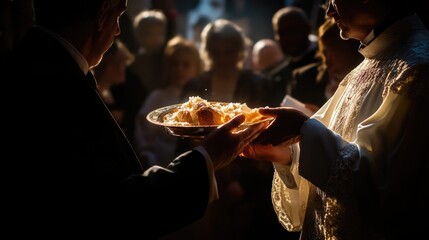 A priest holds a plate of food and offers it to a group of people, possibly at an event or ceremony