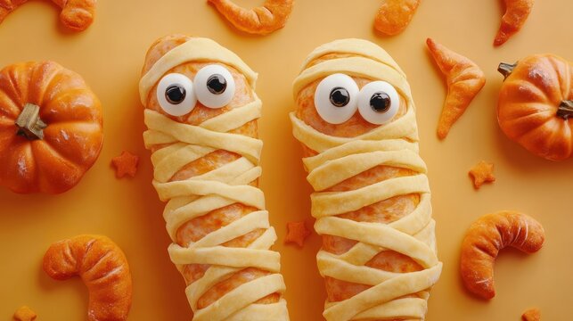 Scary sausage mummies in dough with funny eyes on table. Halloween food. Top view. Flat lay. Banner