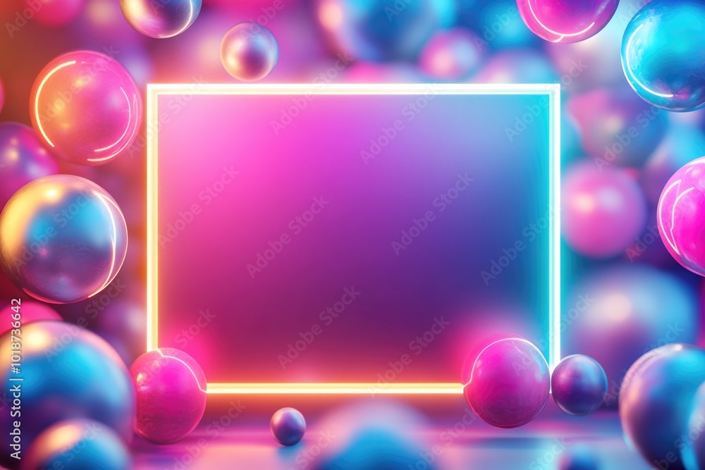 Poster A vibrant neon frame surrounded by colorful balls, perfect for highlighting important information or adding a pop of color to your design