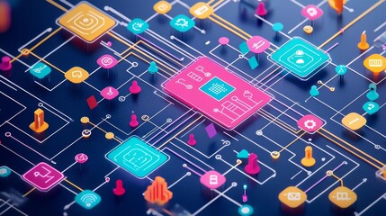 Fototapeta premium Abstract digital circuit board design with colorful geometric shapes representing modern technology and connectivity innovation.