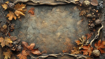 Autumnal Frame with Fallen Leaves and Tree Bark