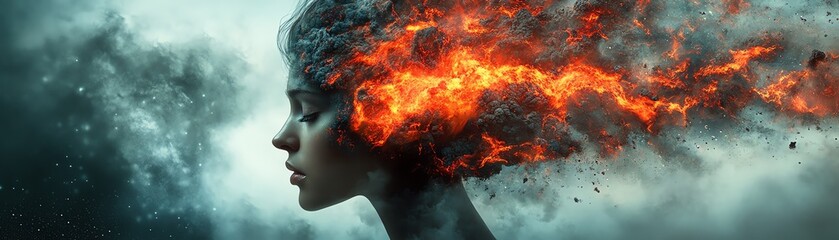 A womans head erupts with volcanic lava, visualizing intense mental stress or creative explosion